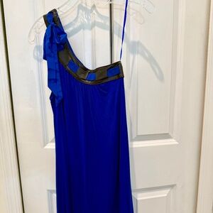 Asymmetrical Royal Blue and Faux Black leather mini Dress